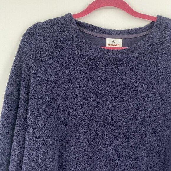 SUNDRY Size 1 / Small Faux Sherpa Striped Cuff Sweatshirt Midnight Blue NWT - Picture 4 of 11